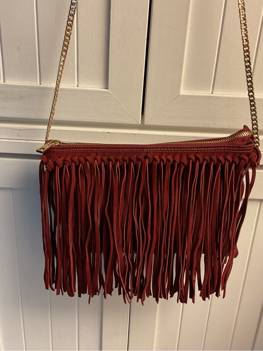 H&M Burgundy Fringe Crossbody with Gold Chain Strap